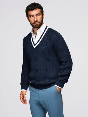 Immagine prodotto di Maglione Ombre da uomo con maglia a cavo e scollo a V blu scuro e bianco L