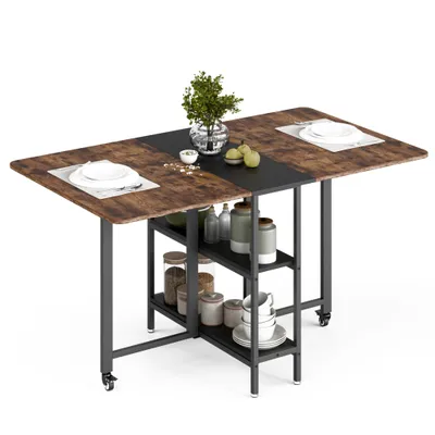 A folding dining table with shelves and wheels, set against a white background.