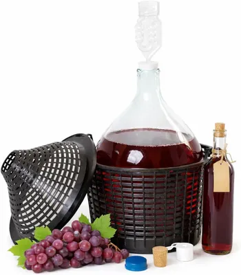 Produktbild von MIKONI Weinballon 15L mit Kunststoffkorb + 3 Korken + Gärröhrchen, Stopfen, Gummistopfen, Glasballon, Gärballon