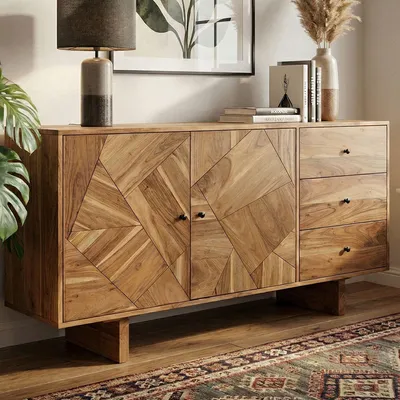 Zdjęcie produktu dla FineBuy Design Kredens z litego drewna akacjowego 150 cm z 2 drzwiami i 3 szufladami – ręcznie wykonana komoda z litego drewna – kredens w stylu rustykalnym z prawdziwego drewna