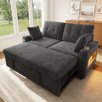 Produktbild von STILVORA 2-Sitzer Sofa mit Schlaffunktion und LED-Beleuchtung, Schlafsofa mit USB/Type-C-Ladeanschluss und Getränkehalter, Multifunktionssofa mit Armlehnen-Stauraum und 2 Kissen