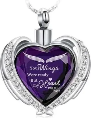 Image de Luxe Ashanger avec 55 cm de chaîne pour les cendres, les cheveux ou le parfum - Bijoux commémoratifs avec aide au remplissage des cendres et sac de rangement - Cœur violet