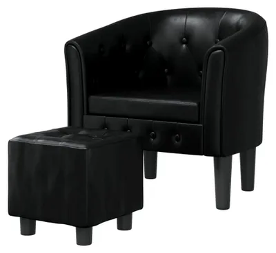 Produktbild von Clubsessel mit gepolstertem Sitz und Armlehnen, Cocktailsessel mit Fußhocker, Loungesessel, Schwarz Kunstleder