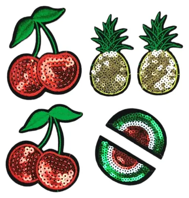 6 Bügel-Patches mit Pailletten, Fruchtmotive, Denim