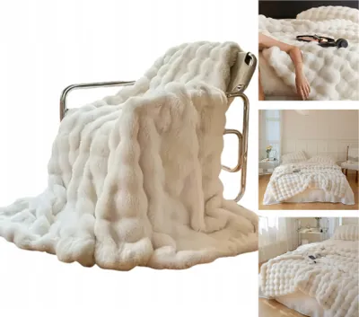 A collage of images showing a white faux fur blanket draped over a chair and on a bed.