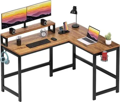 Produktbild von Famanu L-Tisch mit Tür - Tassen- und Kopfhörerhalter, 128 cm, Gaming-Tisch in L-Form, mit Monitorstand für kleine Räume, Walnuss