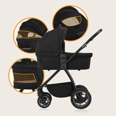 Produktbild von Lionelo Kombikinderwagen Meril 2in1 Babywanne bis zu 9 kg, 0-48 Monate bis zu 22 kg, Geländeräder 360°, Vollfederung, XXL-Verdeck - Black