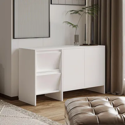 Produktbild von Skye Decor, Hochwertiger Konsolentisch, Weiß, 130 x 81,8 x 44 cm | 100% melaminbeschichtete Spanplatte, 18 mm dick | Mit zahlreichen Regalen, wandmontierbar, ideal für moderne Wohnräume.