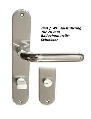 A stainless steel door handle set for a bathroom or WC door.