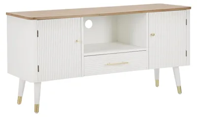 Image de Meuble Tv Matera, 117 X 40 X 60 Cm, En Frêne Et Pin, Blanc Et Marron, Avec Portes, Tiroir Et Détails Dorés - Style Bohème Chic