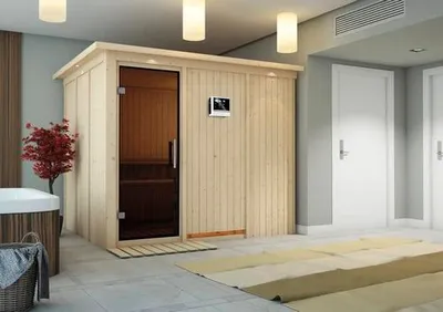Produktbild von Elementsauna Karibu Gobina inkl. 9 kW Ofen u.ext.Steuerung mit Dachkranz und graphitfarbeneer Ganzglastüre