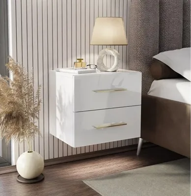 Produktbild von LINA LUX Nachttisch mit Griffen Hängeschrank Weiß / Weiß hochglanz, Griffe: Gold Chrom