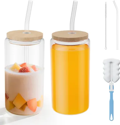 Produktbild von UISEBRT 2er Set 550ml Trinkgläser mit Deckel und Strohhalm Glasbecher wiederverwendbar für Limonade Wasser Saft Büro Schule Geschenk