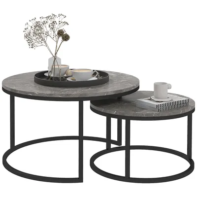 Produktbild von HOMCOM 2er-Set Couchtische ineinander steckbar, runder Couchtisch, stapelbar, Industriedesign, Platte aus Zementimitat, Wohnzimmer-Couchtisch, Metallbeine, Grau