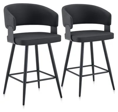 Immagine prodotto di Set di due sgabelli da bar in stile mid-century, con braccioli, rivestiti in ecopelle, schienale decorato, altezza seduta di 64 cm e poggiapiedi in metallo, colore nero