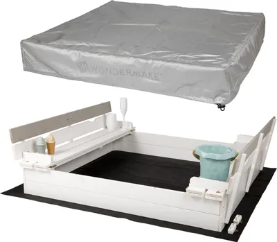 Produktbild von WONDERMAKE® Design Sandkasten mit Abdeckung Deckel Sitzbank und Boden, Sandkiste Holz quadratisch verschließbar mit Bank Outdoor Garten für Kinder, 120x120 cm, Tanne, weiß grau silber