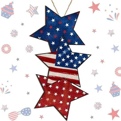 Immagine prodotto di Gancio per porta in legno - Motivo patriottico - Decorazione festiva - Motivo a stelle dipinto a mano - 40x21 cm - Rosso, bianco e blu