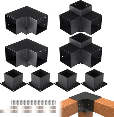 Zdjęcie produktu dla Zestaw wsporników do pergoli VEVOR 152,4 x 152,4 mm, 8 sztuk, 3-drożne, wytrzymałe wsporniki narożne, stolarka, podstawa słupka DIY, łatwy montaż, drewniane belki do altan, pergoli tarasowych, okucia do pergoli do użytku na zewnątrz
