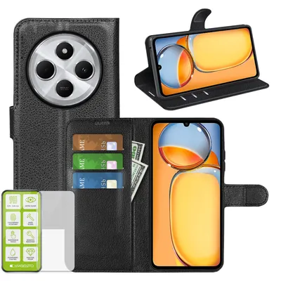 Obrázek produktu pro Pro Xiaomi Redmi 14C mobilní telefon pouzdro černé pouzdro umělá kůže pouzdro + H9 tvrdé sklo