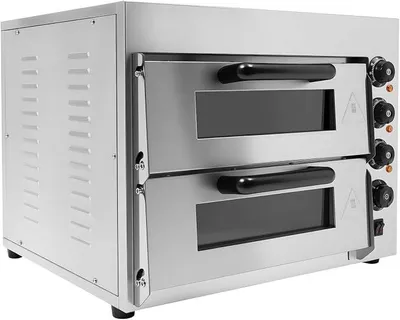 Image de Fours à pizza double, électriques, 3000W, avec 2 compartiments, en acier inoxydable. Four à pizza commercial avec plaque en cordiérite, plage de température de 50 à 350?, minuterie jusqu'à 60 minutes, dimensions : 57 x 47,5 x 44 cm