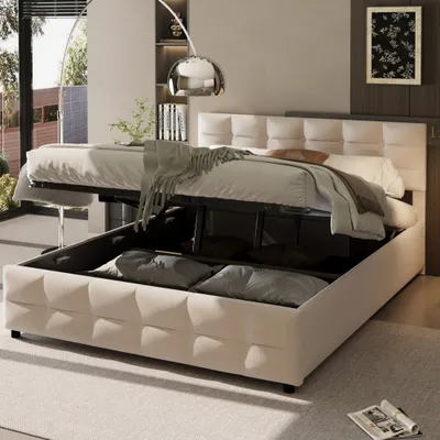 Immagine prodotto di MODFU Letto boxspring, idraulico 180 x 200 cm, letto imbottito, letto matrimoniale funzionale, letto con cassetto, beige (senza materasso)
