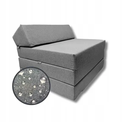 A folded mattress with a headrest, shown on a white background. A circular inset shows a close-up of the fabric with water droplets, indicating water resistance.