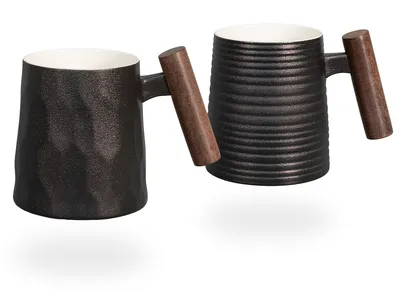 Obrázok produktu pre tea4chill Sada 2 čajových šálok, kávové šálky čierne. Sada šálok 400 ml porcelán s drevenou rukoväťou. Elegantný dizajn, vintage