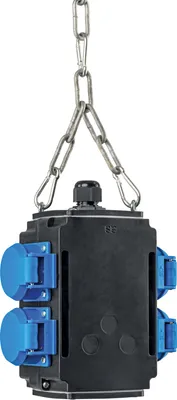 A black power distribution box with blue outlets, suspended by a metal chain.