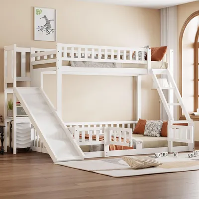 A white wooden bunk bed with a slide and ladder, set up in a room with wooden floors and a rug.