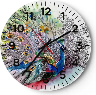 Produktbild von Wanduhr - Rund - Glasuhr - Pfau Feder Farbe - 30x30cm - Schleichendes Uhrwerk - Lautlos - zum Aufhängen bereit - Dekoration Modern - Wanddekoration aus Glas - C4AR30x30-3556