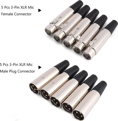 Imagen del producto de 5 pares de conectores de audio para micrófono XLR de 3 pines: 5 conectores macho y 5 conectores hembra