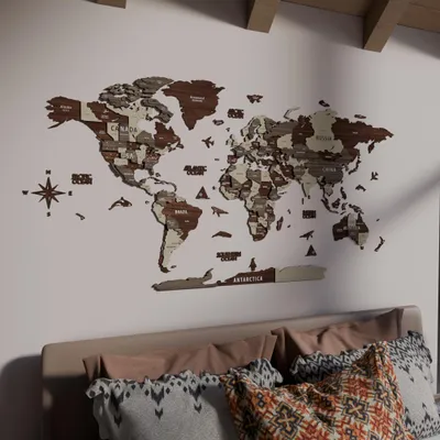 Obrázok produktu pre Drevená mapa sveta na stenu - 3D drevená mapa na nástenke, darček na cesty M 100cm