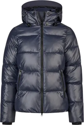 A studio shot of a navy blue puffer jacket.