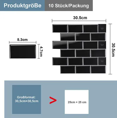 Produktbild von Faziango Fliesenaufkleber 30,5x30,5cm Fliesen-Folie 10 Stück Deko selbstklebende Klebefliesen Schwarz für Küche Bad Wohnzimmer Zimmer
