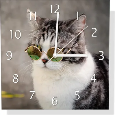Produktbild von Wallario Design Wanduhr Katze mit Stil aus Echtglas, Größe 30 x 30 cm