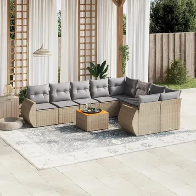 Produktbild von Design 10-tlg. Garten-Sofagarnitur mit Kissen Beige Poly Rattan, Gartenmöbel-Sets 2024 Neu