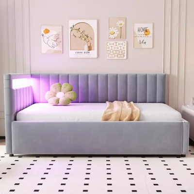 Obrázek produktu pro okwish Čalouněná postel, rozkládací postel 90x200 cm, s LED osvětlením a hydraulickým úložným prostorem, klasický vertikální pruhovaný design, boční opěrky s nastavitelnými pozicemi, sametová látka, světle šedá, bez matrace