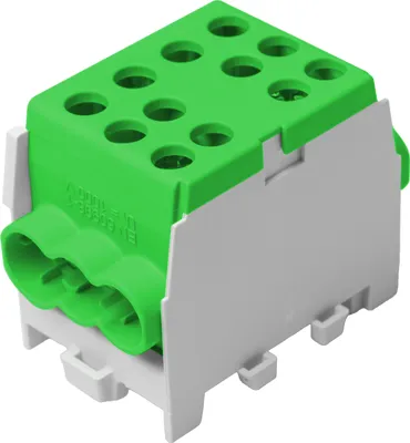 A product shot of a green and gray electrical connector block on a white background.