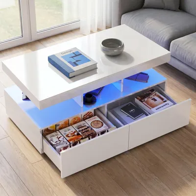 Obrázok produktu pre INONEFT konferenčný stolík s LED osvetlením, obývačkový stolík s 2 zásuvkami, lesklý konferenčný stolík s otvoreným úložným priestorom do obývačky, biela farba