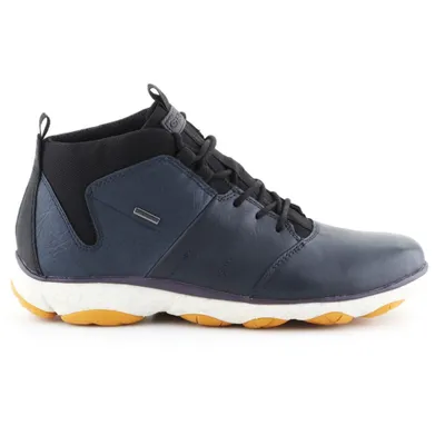 A side view of a blue and black Geox Nebula 4x4ABX shoe against a white background.