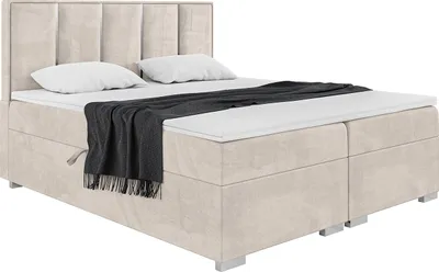 Produktbild von MEBLINI Boxspringbett mit Bettkasten - Gepolstert Doppelbett mit Matratze und Topper - Polsterbett mit Stauraum - Bett mit Kopfteil - Antonio Silver - 180x200 - H4/Beige Samt