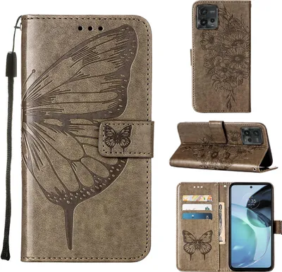 Produktbild von Lederhülle für Motorola Moto G72 Schmetterling Prägung Flip Ledertasche Kartenfächer Handyhülle mit Ständer Grau