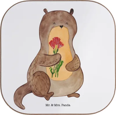 Produktbild von Mr. & Mrs. Panda Tischuntersetzer Otter Blumenstrauß - Weiß - Geschenk, Seeotter, Süß, Tischschoner, Niedlich, Untersetzer Kaffee, gläseruntersetzer, Holzuntersetzer, See