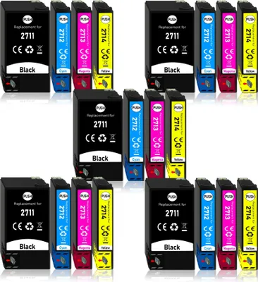 A collection of printer ink cartridges arranged in rows.