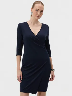 Produktbild von Orsay Dunkelblaues, kurzes Wickelkleid für Damen mit V-Ausschnitt und Dreiviertellänge S