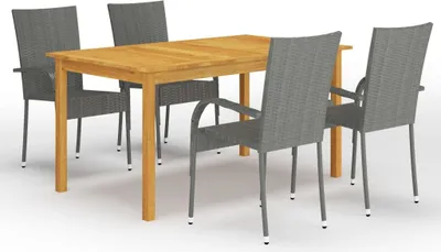 Image de Ensemble repas de jardin 5 pièces, table acacia massif 150x90 cm, 4 chaises empilables résine tressée gris, extérieur durable
