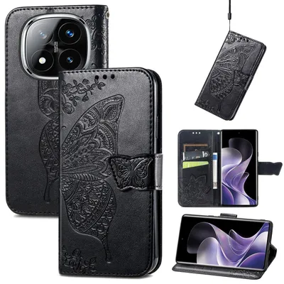 Produktbild von Für Xiaomi Redmi Note 14 Pro Plus 5G Kunstleder Wallet Handy Tasche Schmetterling Design Hülle Etuis Schwarz