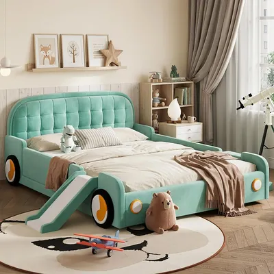 Immagine prodotto di Letto per bambini MODFU, 140x200 cm, design a forma di auto, letto a due piazze imbottito con scivolo e scaletta, struttura del letto trasformabile in gioco con protezioni laterali, senza materasso, colore blu-verde