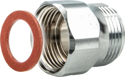 A metal adapter fitting and a red washer are shown against a white background.