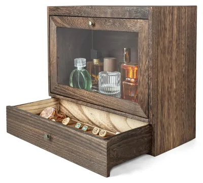Zdjęcie produktu dla Drewniany organizer na perfumy z akrylem i szufladą